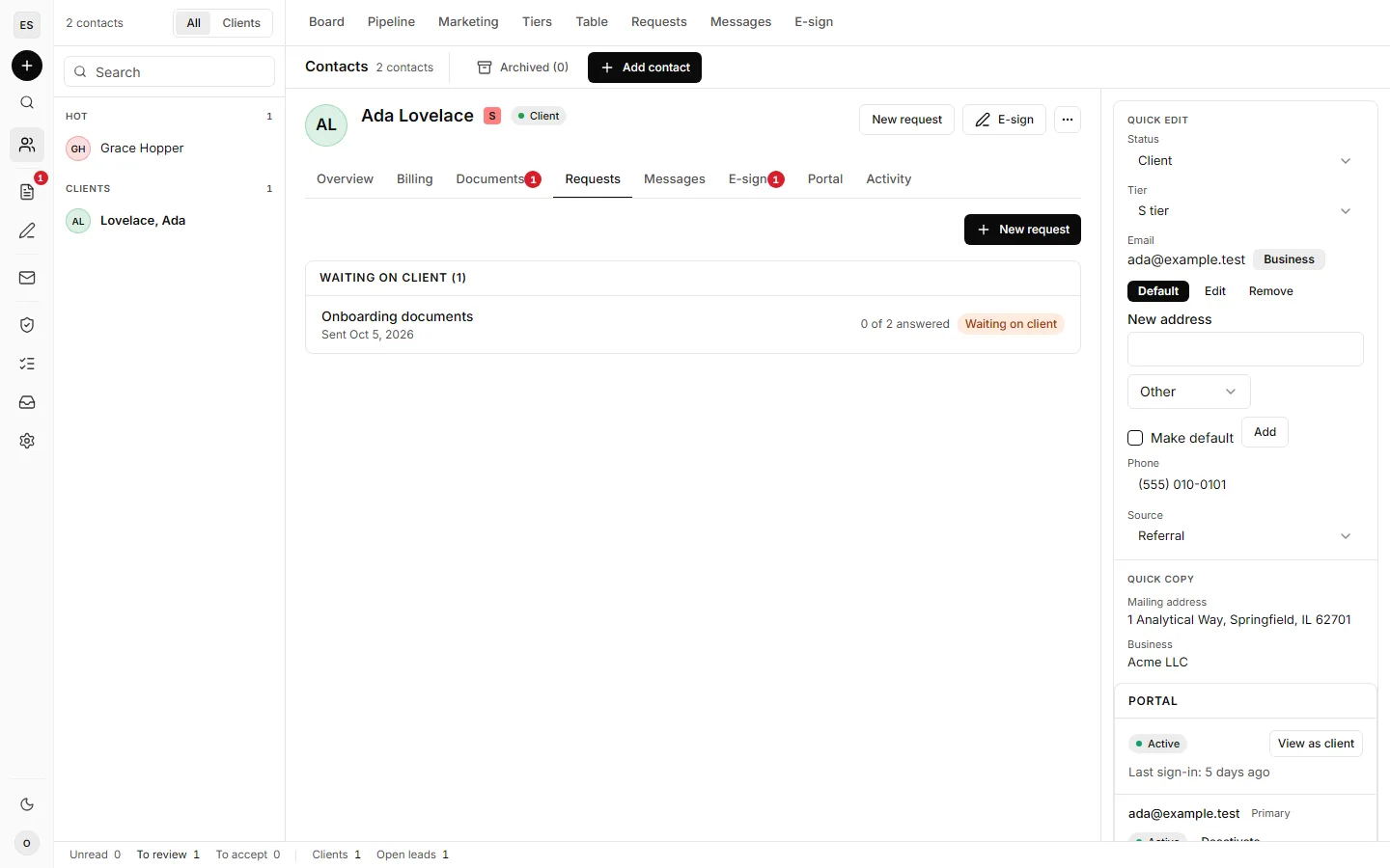 A contact record with its tabs, an open request waiting on the client, and a side panel for status, tier, email, phone and portal access.