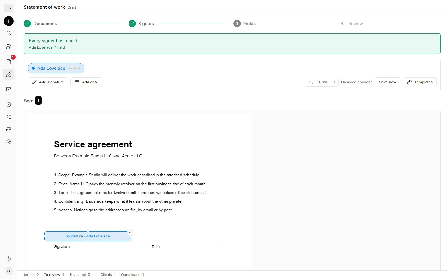 The e-signature composer at the fields step, with a signature field placed for one signer on a one-page service agreement.
