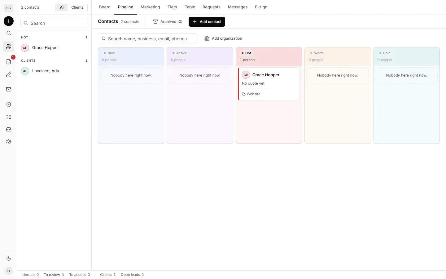 The Open CRM pipeline: contacts in stage columns, a client list on the left and the workspace tabs across the top.