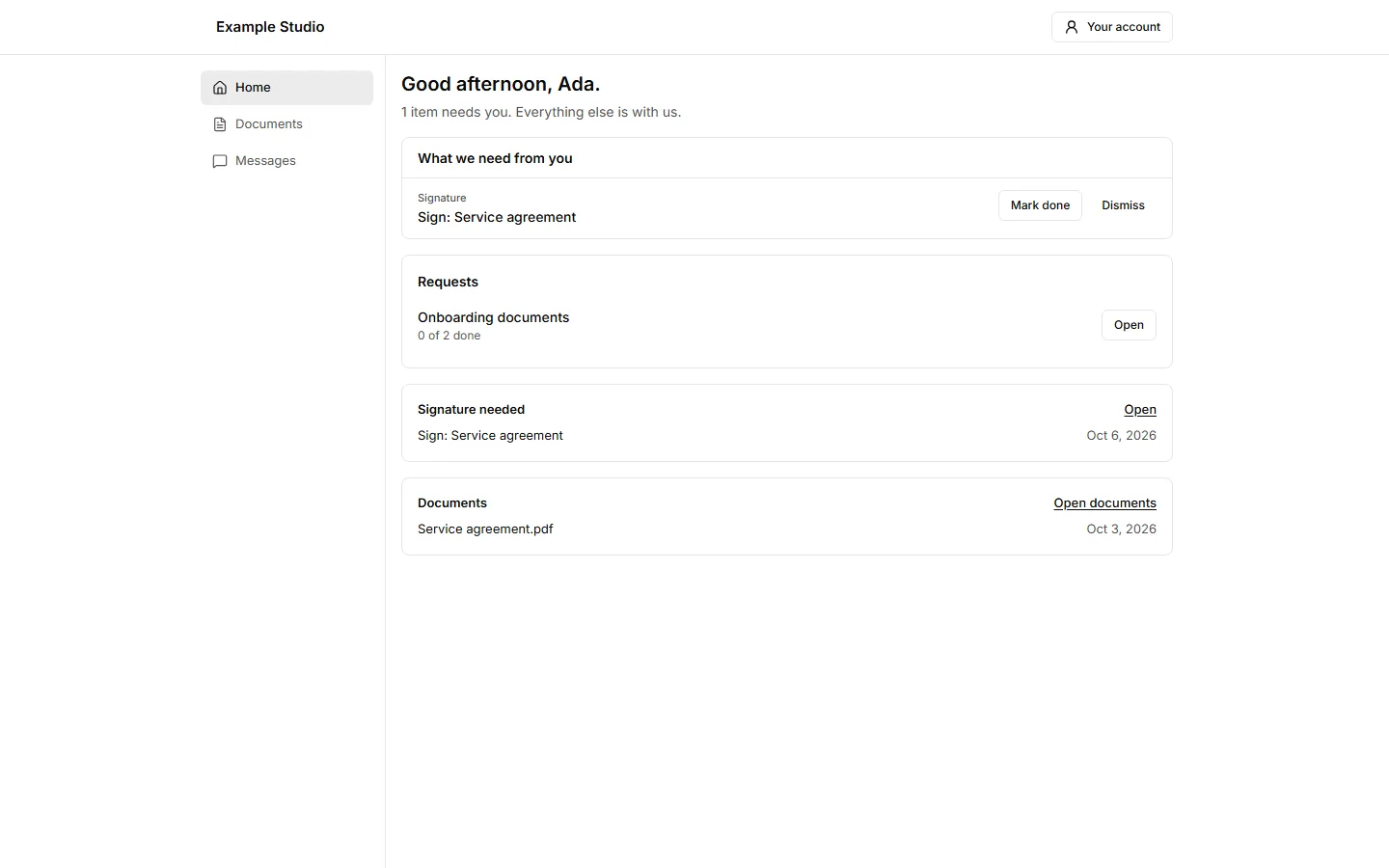 The client portal home, greeting the client by name and listing a signature to complete, an open request, and a shared document.