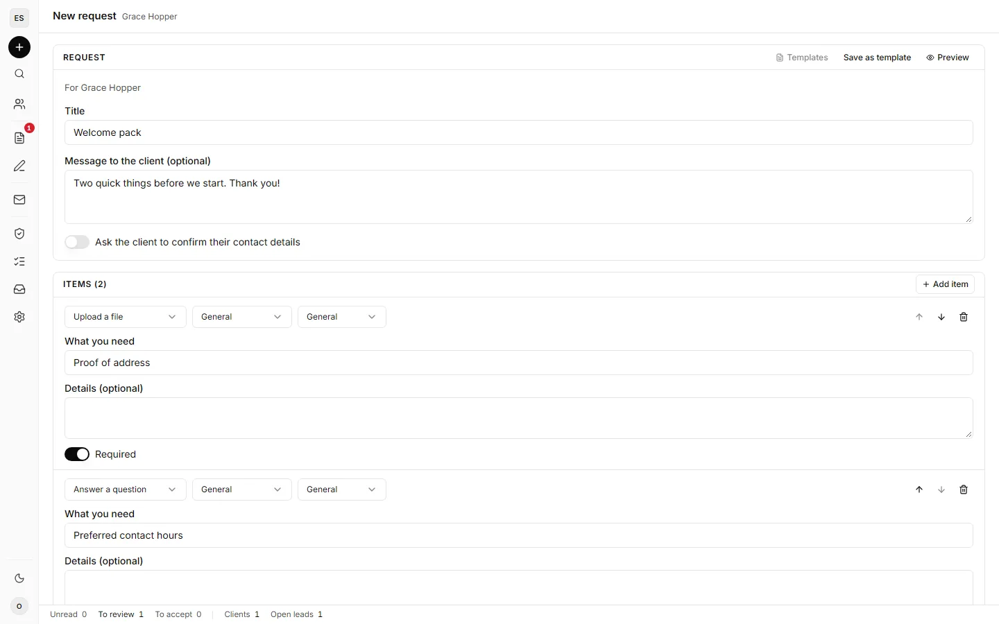 The request builder with a title, a message to the client, and two items: a file upload for proof of address and a question about preferred contact hours.