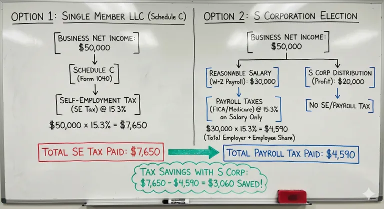 Whiteboard comparison: Single Member LLC paying $7,650 SE tax vs S-Corp paying $4,590 FICA, saving $3,060